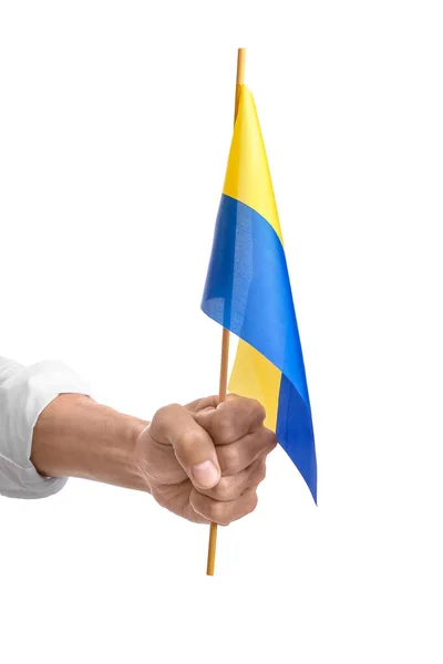 Mão Masculina Com Bandeira Ucrânia Fundo Branco — Fotografia de Stock
