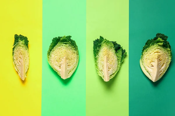 Pieces Fresh Savoy Cabbage Color Background — Stock Photo, Image