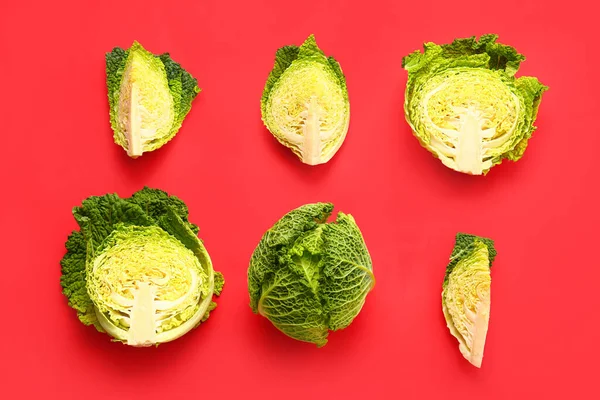 Pieces Fresh Savoy Cabbage Color Background — Stock Photo, Image