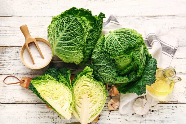 Fresh Savoy Cabbage Light Wooden Background — Stock Photo, Image