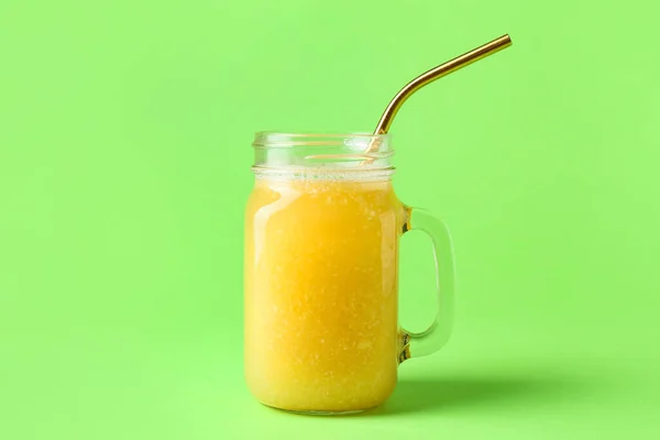Mason Jar Tasty Pineapple Smoothie Color Background — Stock Photo, Image