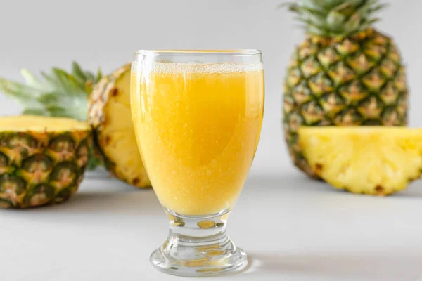 Glass Tasty Pineapple Smoothie Grey Background Closeup — Stock Photo, Image