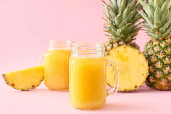 Mason Jars Tasty Pineapple Smoothie Color Background — Stock Photo, Image