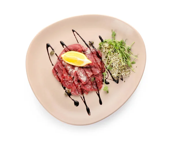 Plate Tasty Veal Carpaccio White Background — Stock Photo, Image