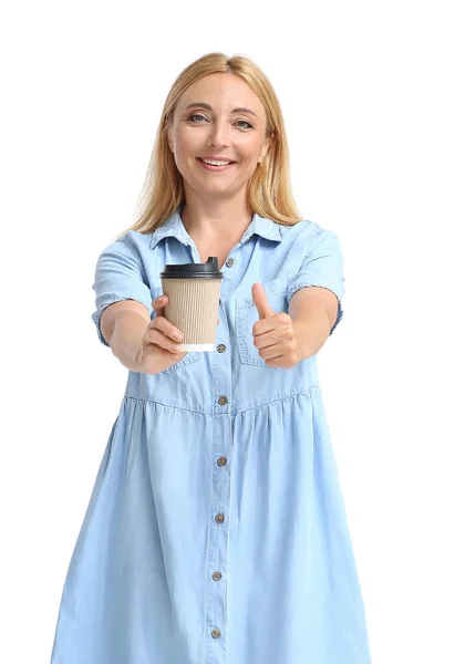 Beautiful Mature Woman Cup Coffee Showing Thumb Light Background — Stock Photo, Image