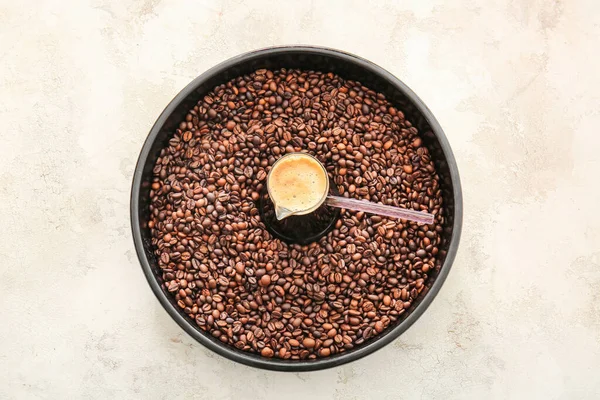 Tray Coffee Beans Cezve Light Background — Stock Photo, Image