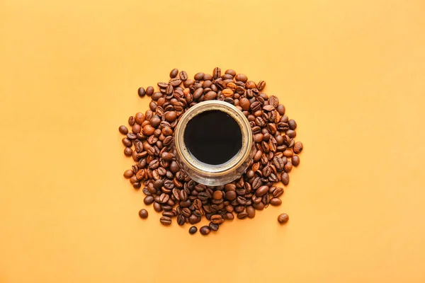 Cup Turkish Coffee Beans Color Background — Stock Photo, Image