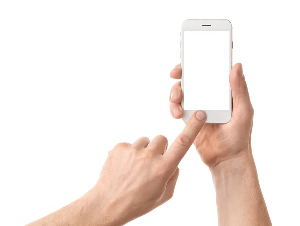 Hombre Con Teléfono Móvil Sobre Fondo Blanco — Foto de Stock