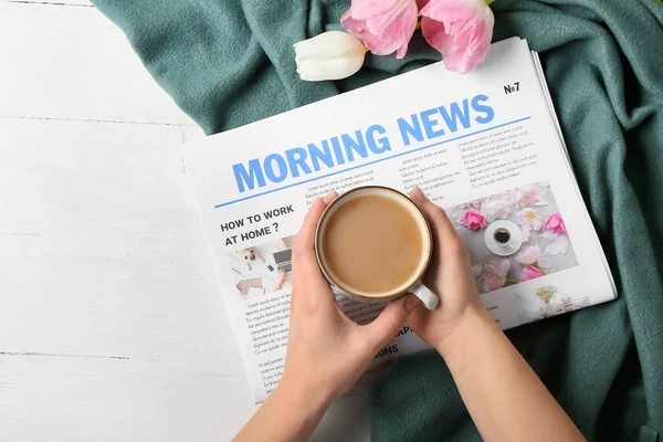 Woman Cup Coffee Reading Newspaper White Wooden Background — 图库照片