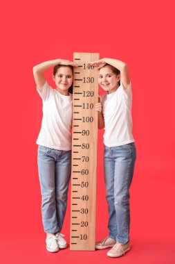 Stadyum ölçeri renkli şirin ikiz kızlar.