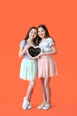 Sevimli ikiz kızlar ve renk arkaplanda kelime kardeşliği olan bir pansiyon.