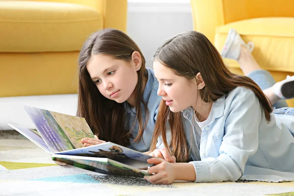 Cute Twin Girls Reading Book Home — Stock Photo, Image