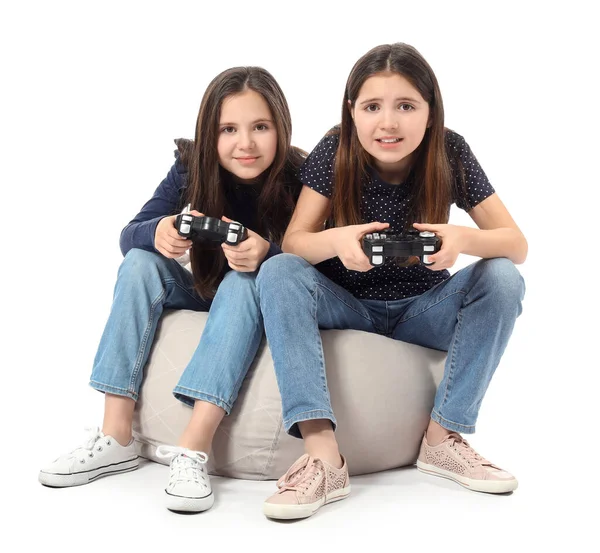 Aranyos Iker Lányok Videojáték Fehér Háttér — Stock Fotó