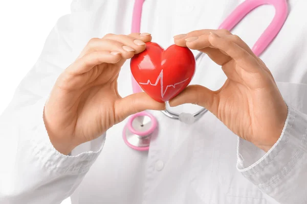 Female Cardiologist Red Heart White Background Closeup — Stock Photo, Image