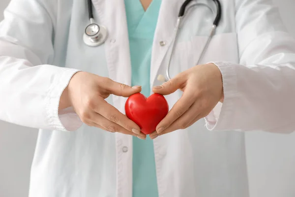 Female Cardiologist Red Heart Grey Background Closeup — Stock Photo, Image