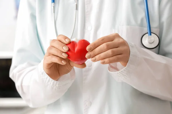 Female Cardiologist Red Heart Closeup — Stock Photo, Image