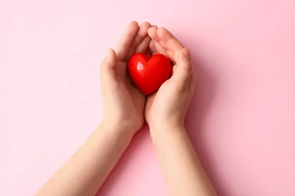 Child Hands Red Heart Color Background — Stock Photo, Image