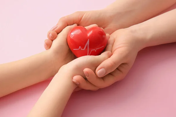 Hands Woman Child Red Heart Color Background Closeup — Stock Photo, Image