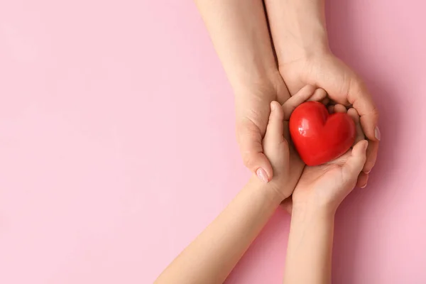 Hands Woman Child Red Heart Color Background — Stock Photo, Image