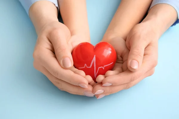 Hands Woman Child Red Heart Color Background Closeup — Stock Photo, Image