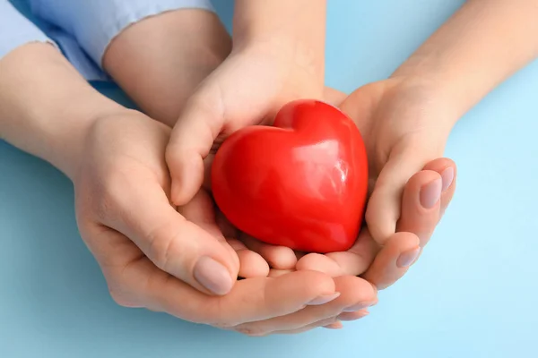 Hands Woman Child Red Heart Color Background Closeup — Stock Photo, Image