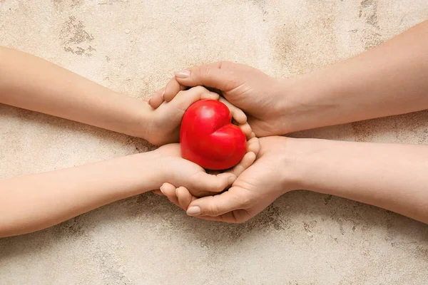 Hands Woman Child Red Heart Grunge Background — Stock Photo, Image