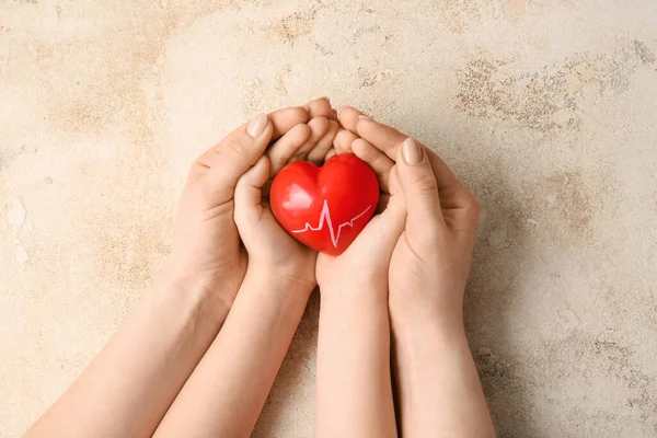 Hands Woman Child Red Heart Grunge Background — Stock Photo, Image