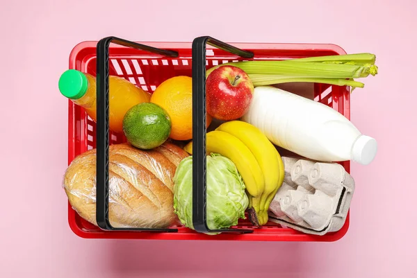 Shopping Basket Food Color Background — Stock Photo, Image