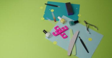 Set for manicure and pedicure on color background, video with stop motion effect