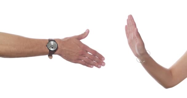 Woman Refuses Shake Hands Friend Bump Elbows Instead White Background — Stock Video