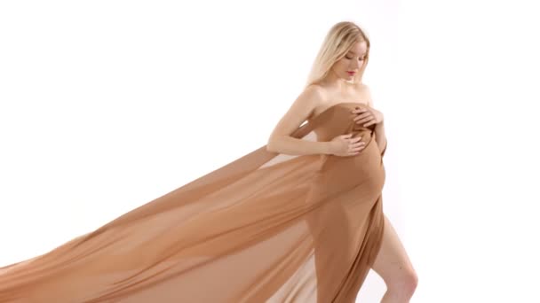 Красивая Беременная Женщина Белом Фоне — стоковое видео