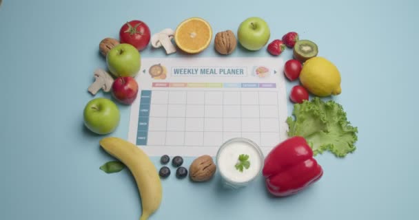 Blank Meal Plan Different Products Color Background Video Stop Motion — Stock Video