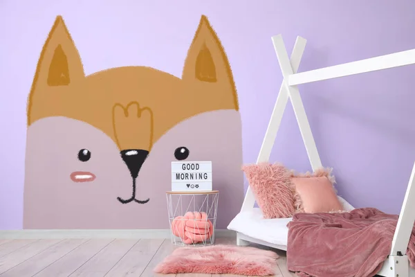 Interior Modern Children Room Comfortable Bed Painting Cute Fox Wall — Stock Photo, Image