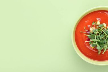 Renkli arkaplanda lezzetli bir gazpacho tabağı.