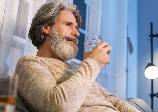 Senior Man Drinking Alcohol Glass Late Evening Home — Foto de Stock