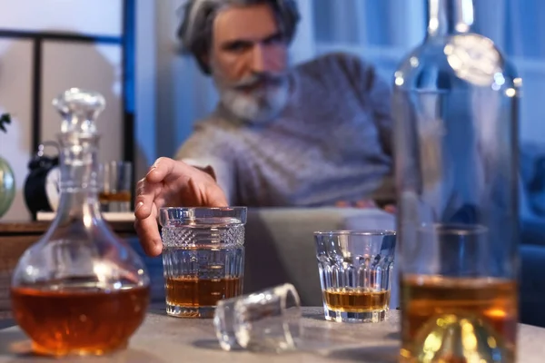 Senior Man Glass Drink Late Evening Home Closeup — Stock Photo, Image