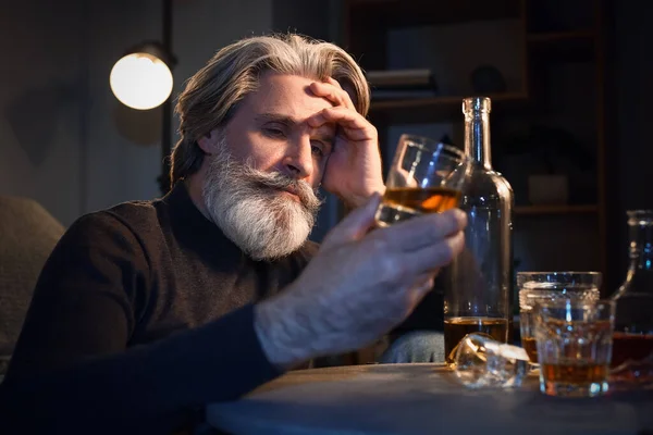 Drunk Senior Man Glass Whiskey Late Evening Home — Stock Photo, Image