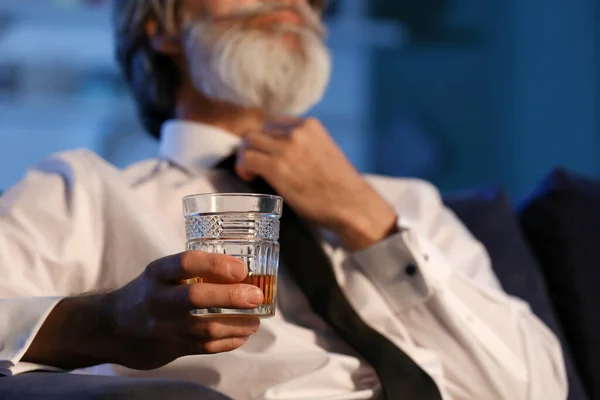 Senior Man Glass Drink Late Evening Home Closeup — Stock Photo, Image