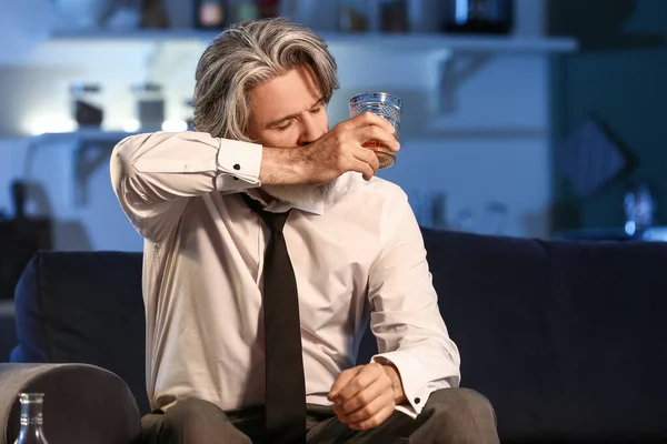 Senior Man Drinking Alcohol Late Evening Home — Stock Photo, Image