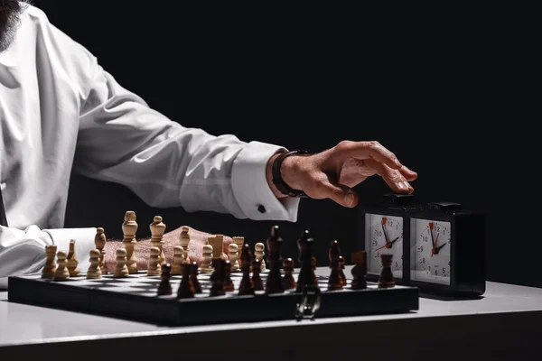 Senior Man Playing Chess Dark Background Closeup — ストック写真