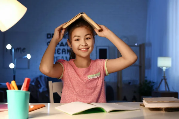 Little Girl Doing Homework Home Late Evening — Stock Photo, Image