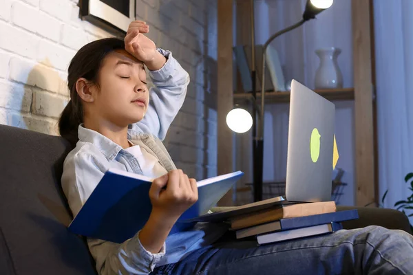 Little Girl Tired Doing Homework Home Late Evening — Stock Photo, Image