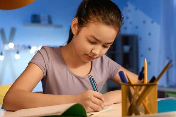 Little Girl Doing Homework Home Late Evening — Stock Photo, Image