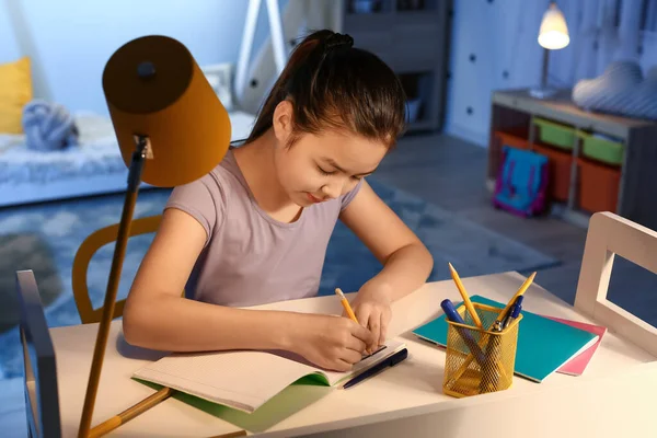 Little Girl Doing Homework Home Late Evening — Stock Photo, Image