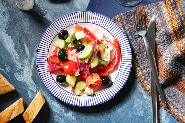 Plate Tasty Greek Salad Bread Color Background — Stock Photo, Image
