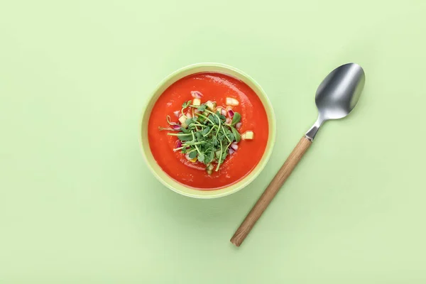 Bowl Tasty Gazpacho Color Background — Stock Photo, Image