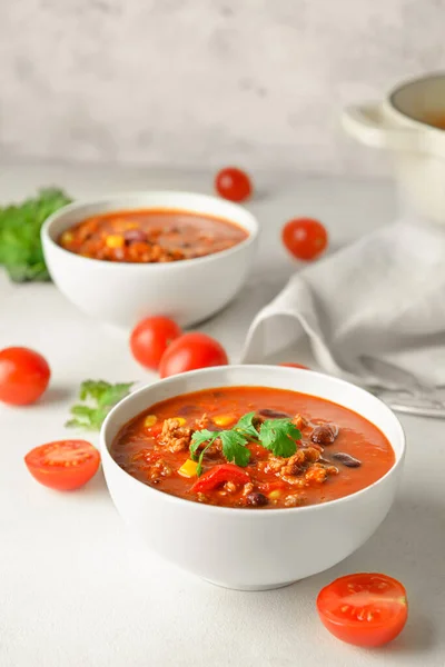 Bowls Delicious Chili Con Carne Light Background — Stock Photo, Image