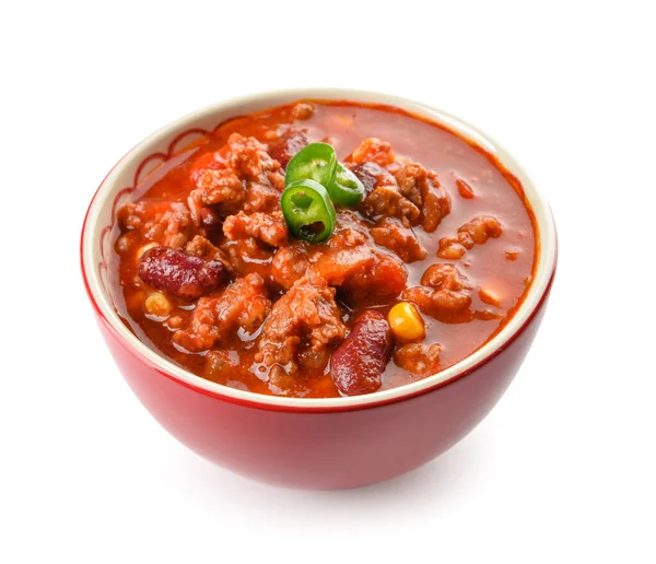 Cuenco Con Delicioso Chile Con Carne Sobre Fondo Blanco — Foto de Stock