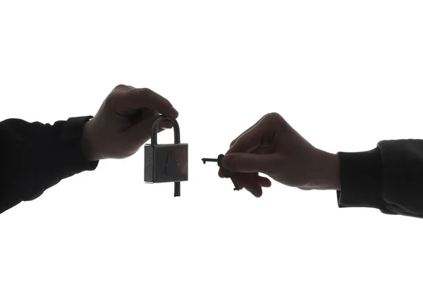 Silhouette Hands Lock Key White Background — Stock Photo, Image