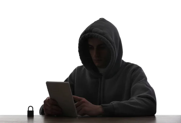 Silhouette Hacker Tablet Computer Table White Background — Stock Photo, Image